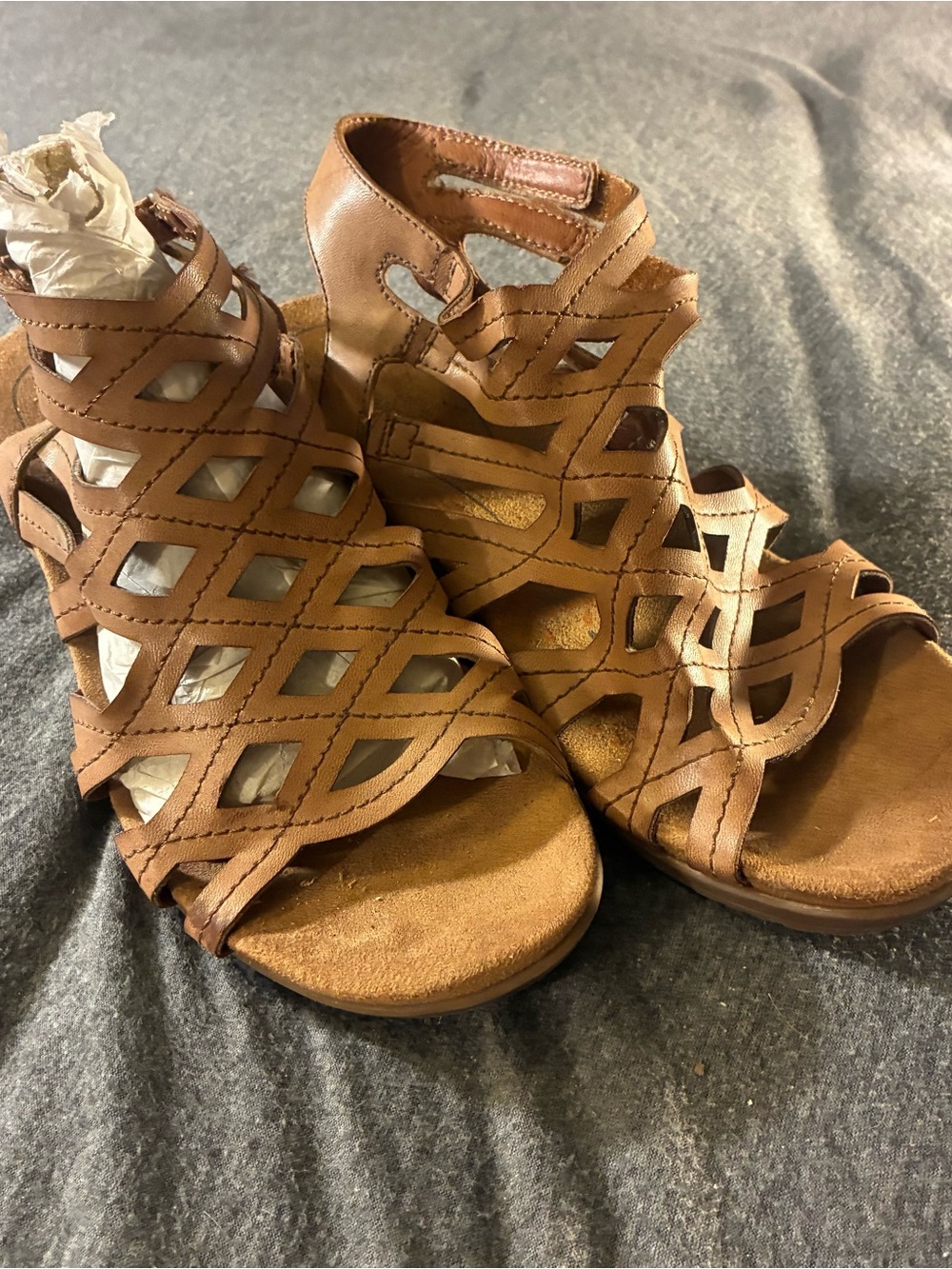 BareTraps Tan Lattice Cutout Wedge Sandals